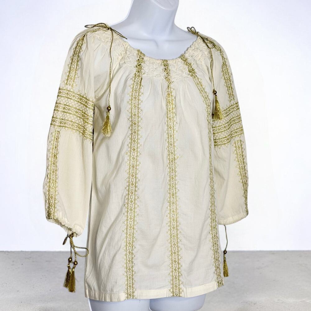 Boho Peasant Blouse Ivory Gold Embroidery Tassel Tie Cotton Top Vintage Y2K Sz S